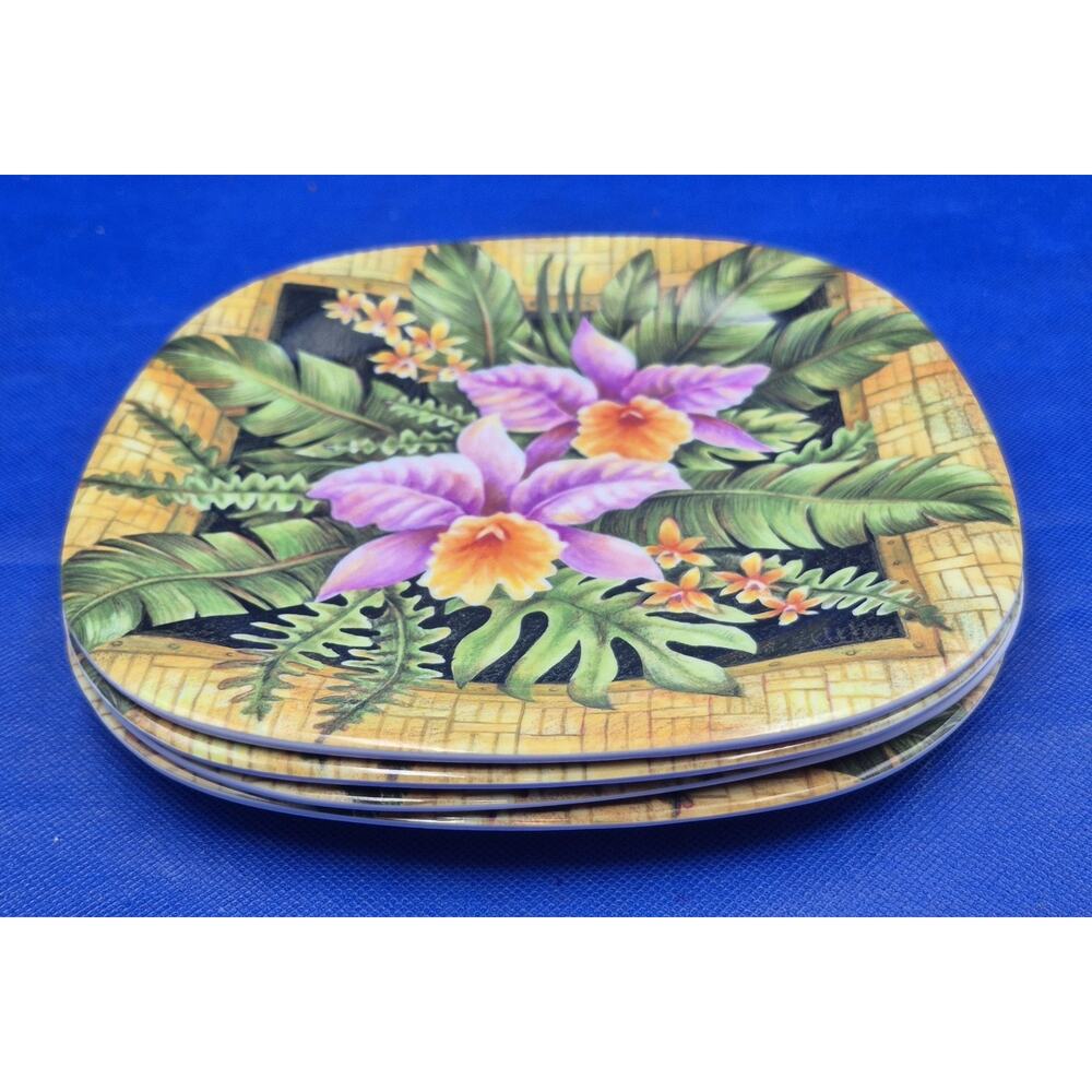 Merritt Melamine Floral Lunch Plates Orchids Tropical Leaves Set of 4